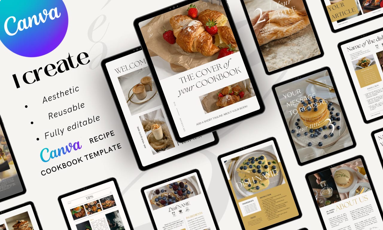 Cookbook Template, Canva Recipe Book Template, Editable Ebook