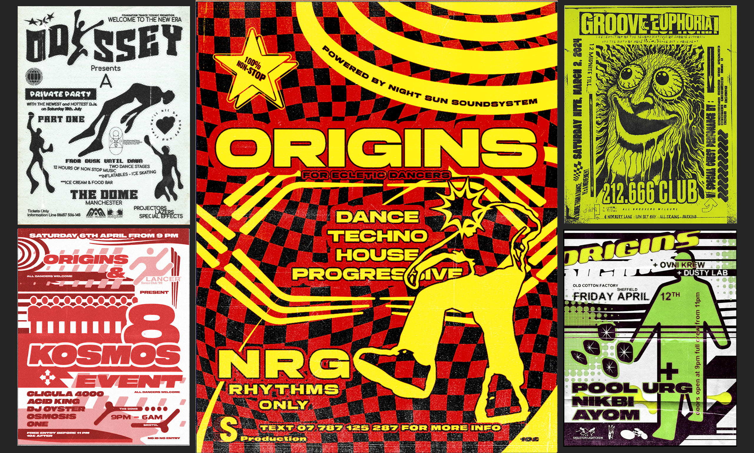 Create 90s inspired rave posters or flyers for underground events