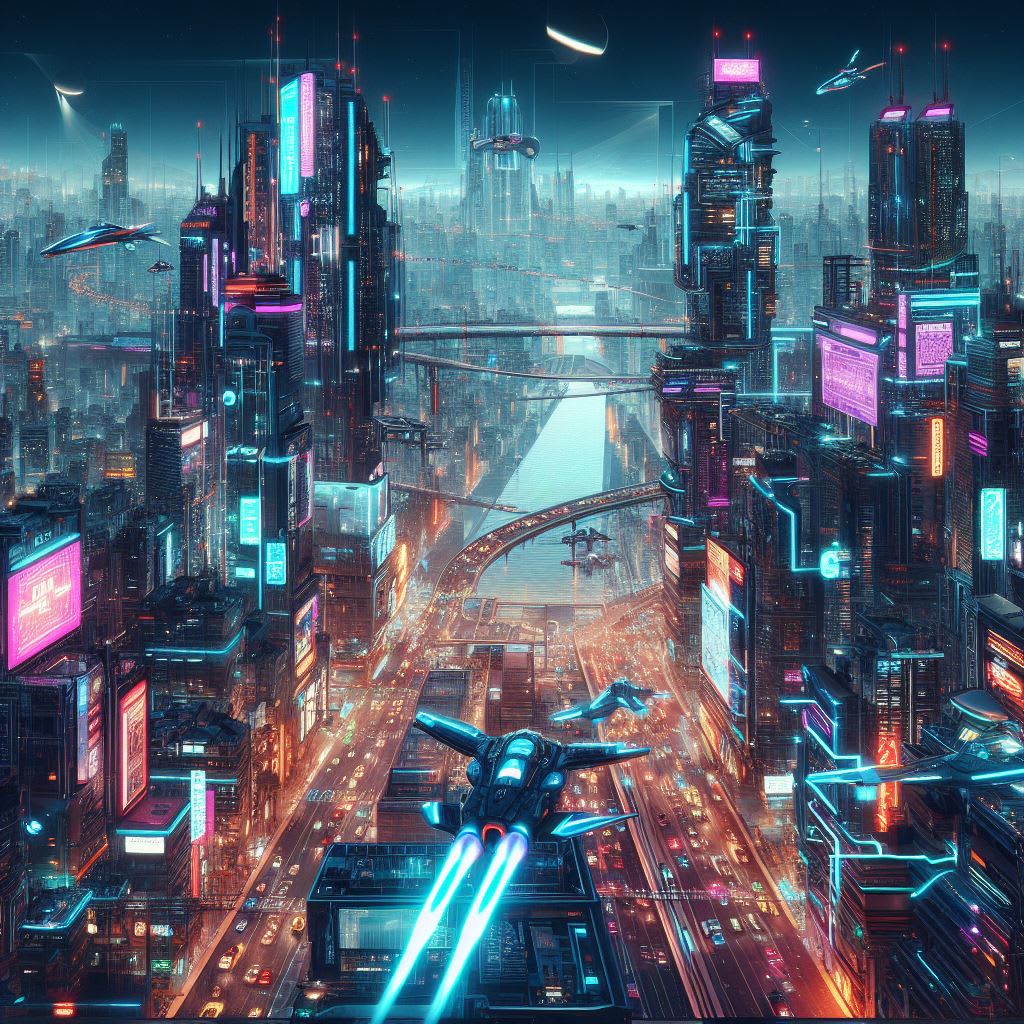 Make a futuristic cyberpunk city art sci fi background art by