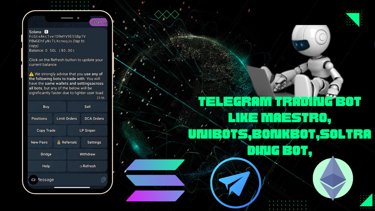 Construir bot de criptomoedas para telegram como maestro, unibots, bonkbot,  soltrading