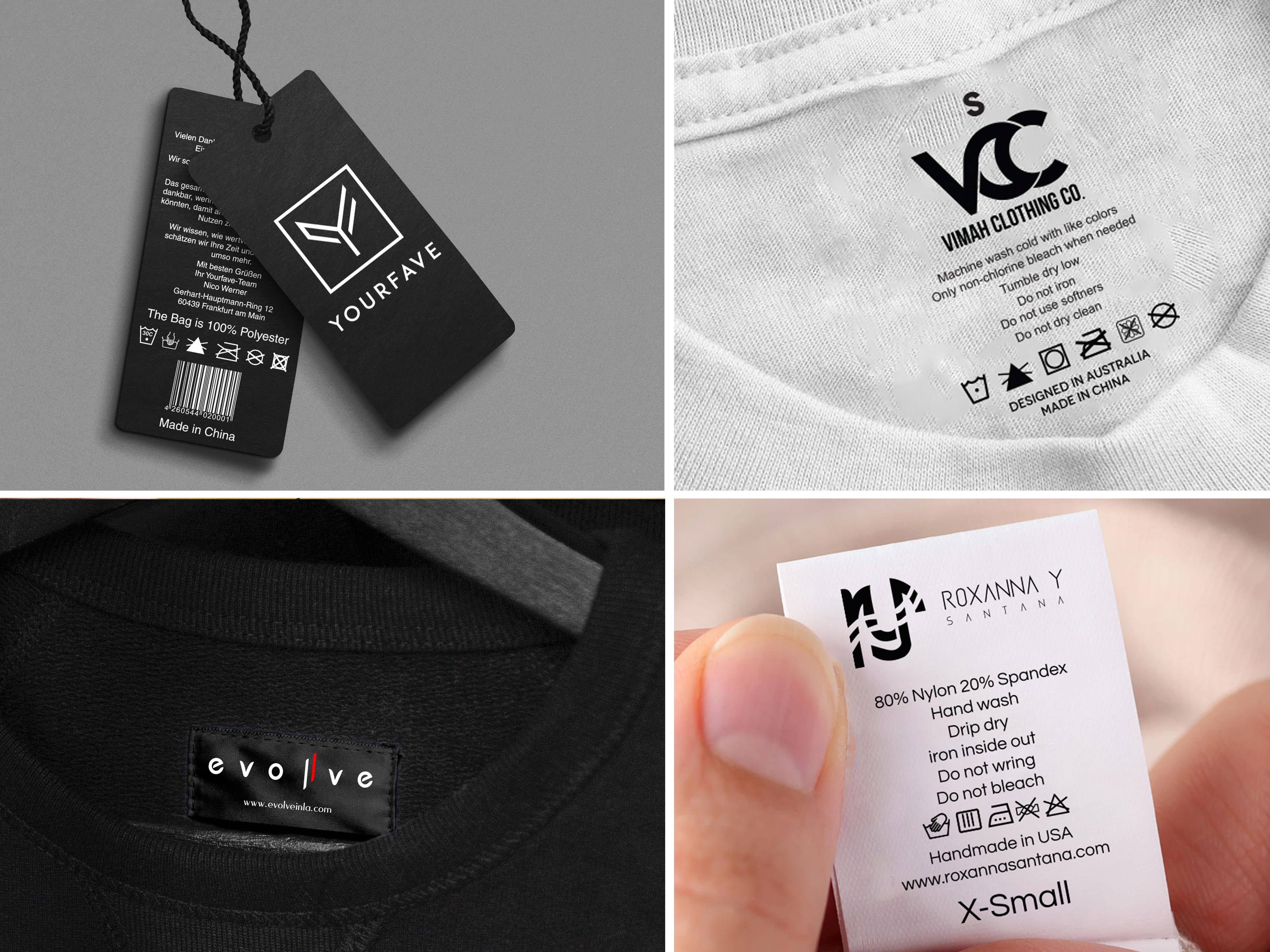 Design clothing label, hang tag, neck label, care label and