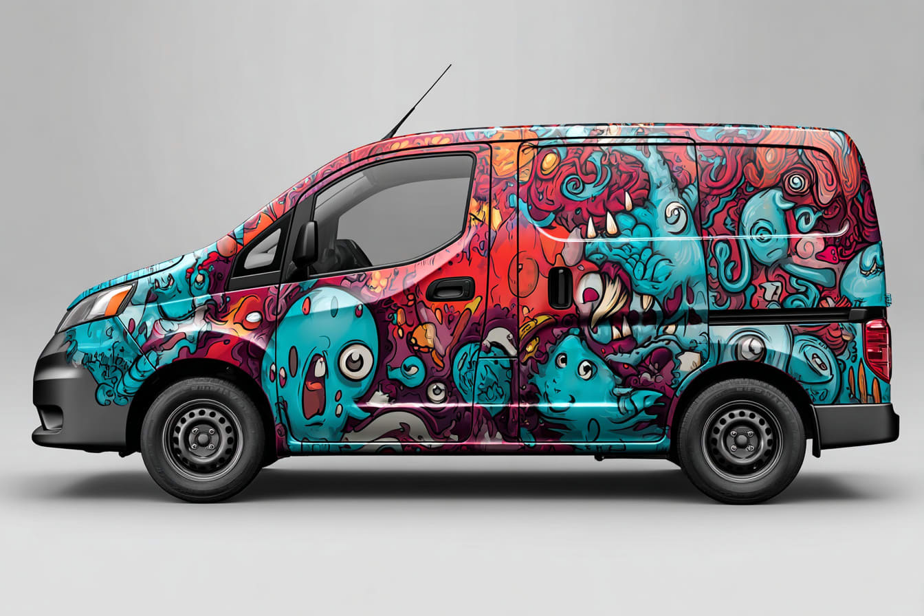 Teken auto wrap ontwerp, voertuig wrap ontwerp, bestelwagen wrap ontwerp