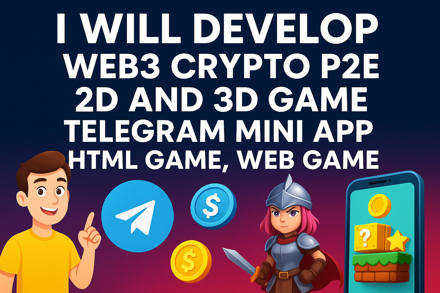 Desenvolver jogo web3 crypto p2e 2d e 3d, mini app telegram, jogo html5,  jogo web