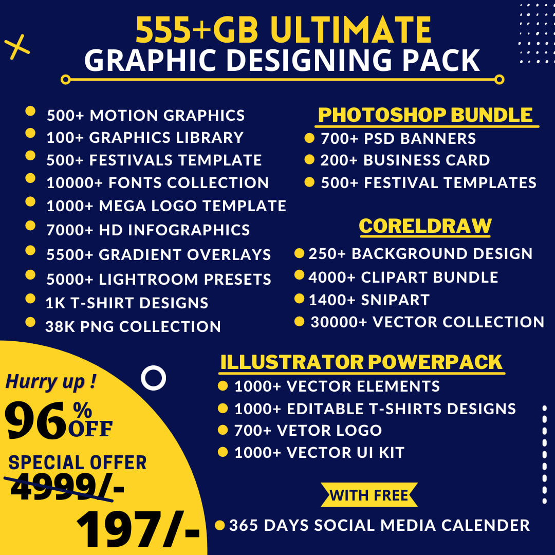Provide the ultimate 555 gb graphic designing pack by