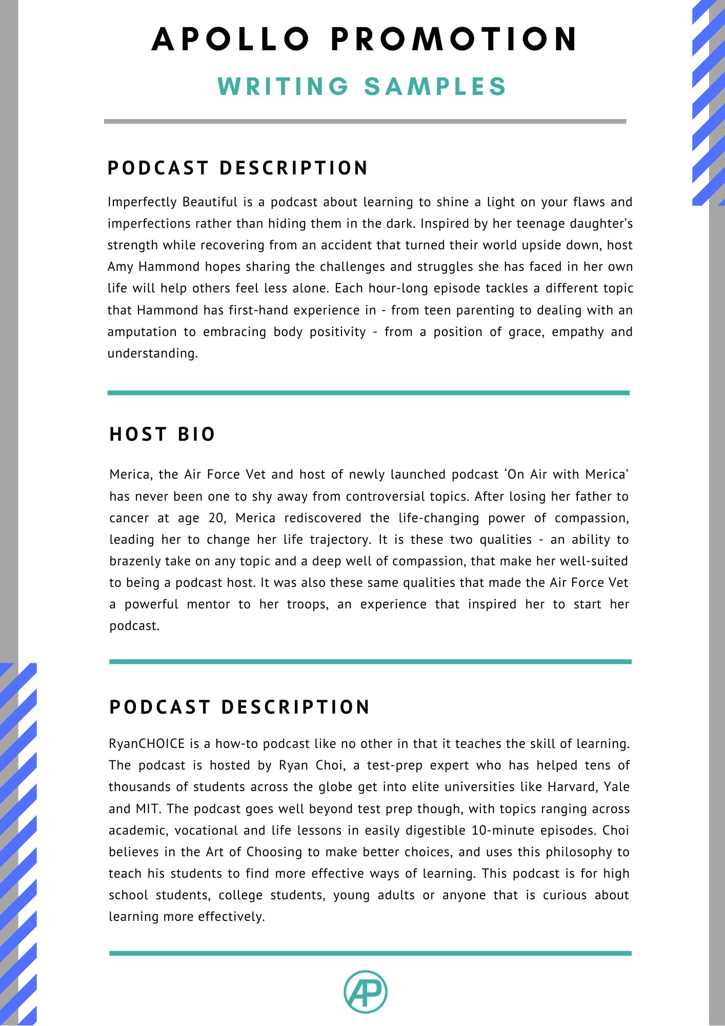 Write an amazing podcast description or host bio by Apollo30  Fiverr