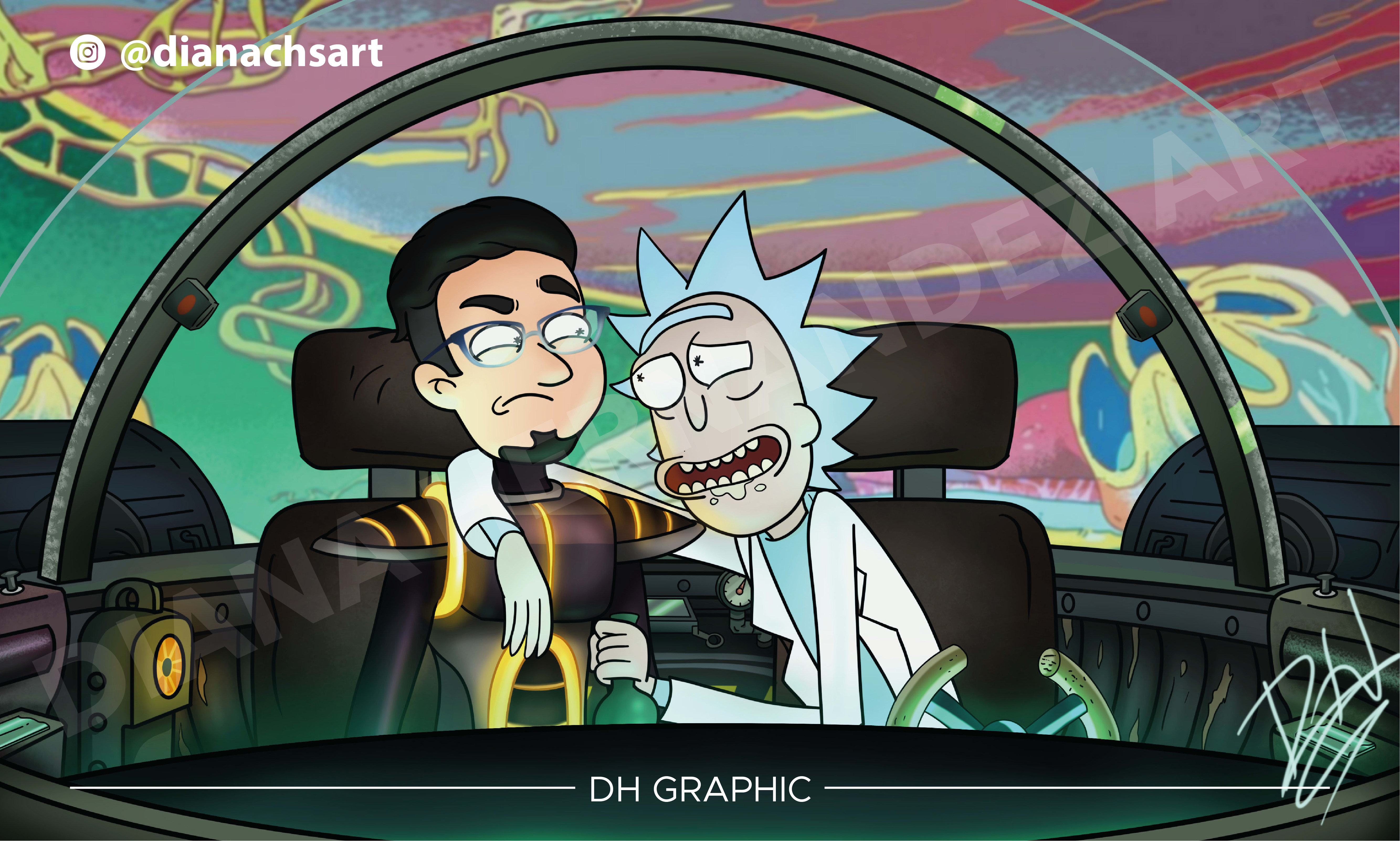 Crea una versione cartoon di rick e morty sulla nave