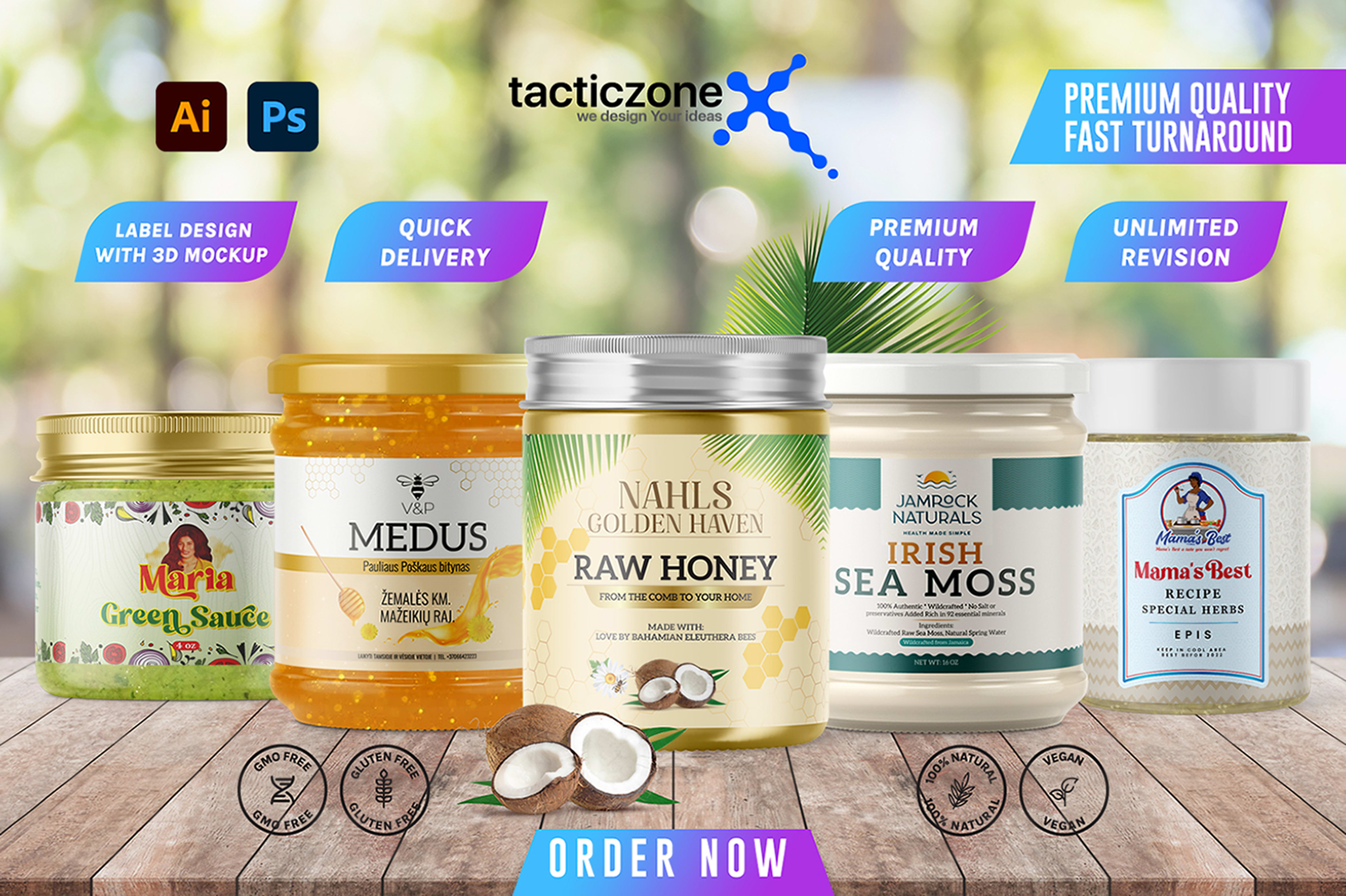 design brand jar labels, tin labels, food packaging, or any cosmetic label