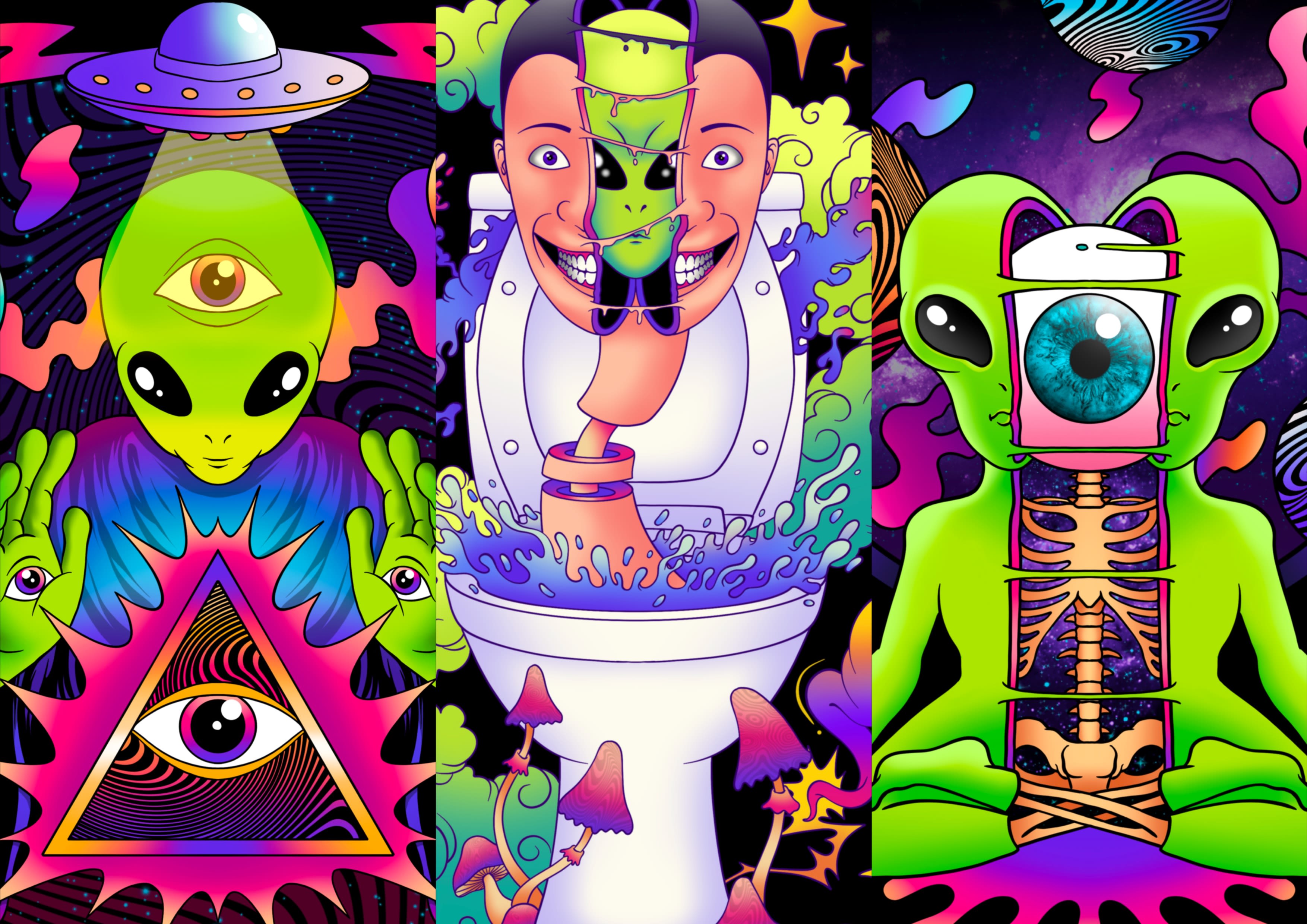 Create colorful psychedelic and trippy style illustration by