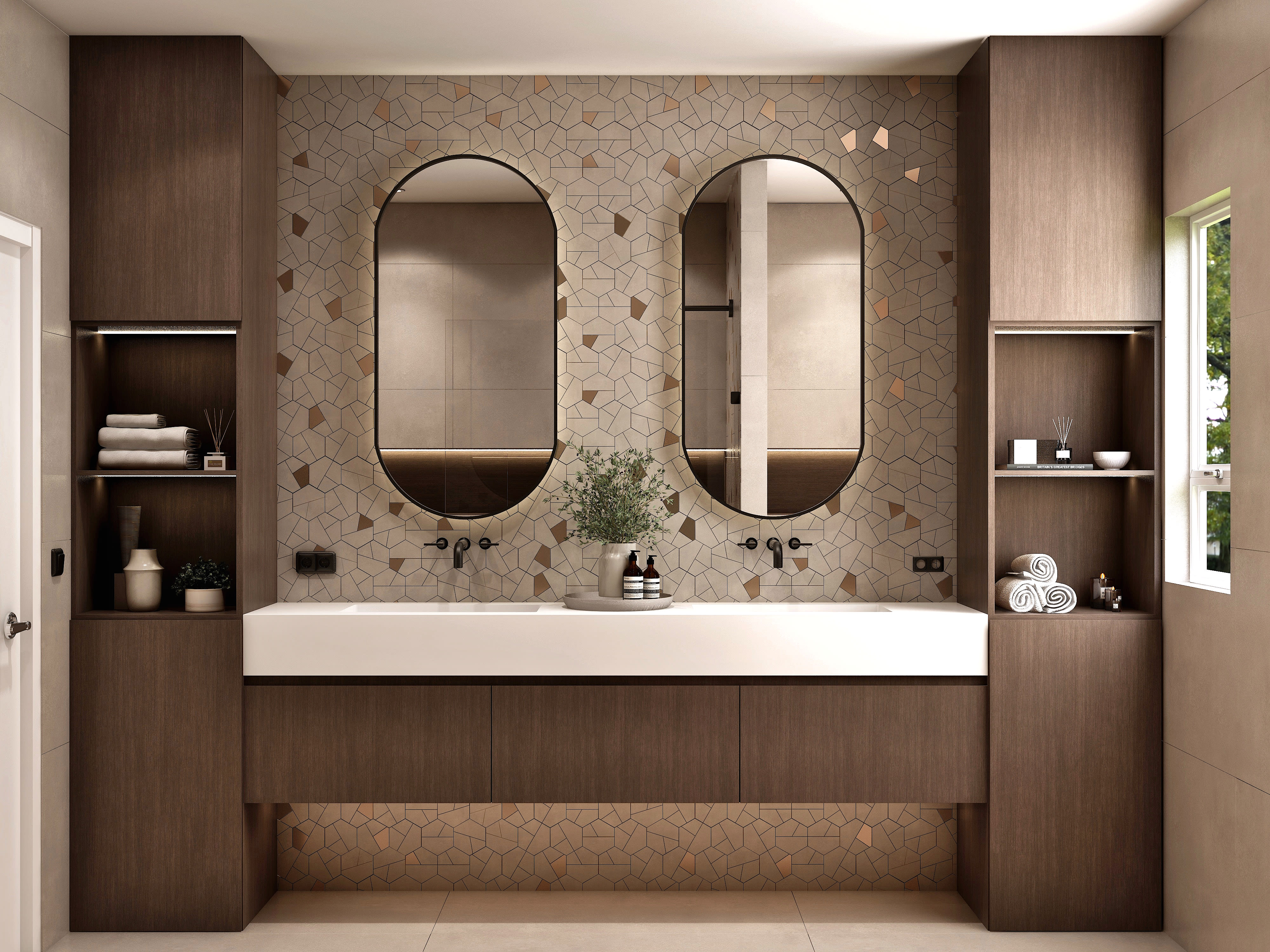 Elegante Rendering 3d Di Un Bagno Contemporaneo Con Doccia Separata E Zone  Asciutte Specchio Lavabo Ed Eleganti Accessori Da Bagno, Bagno Di Lusso,  Progettazione Del Bagno, Bagno Moderno Immagine di sfondo per