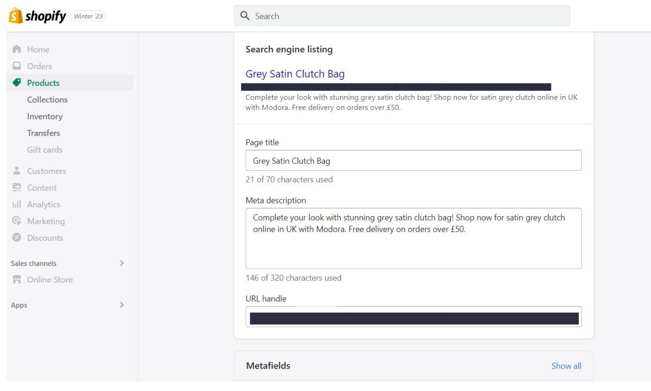 Write shopify product meta description and title tags by
