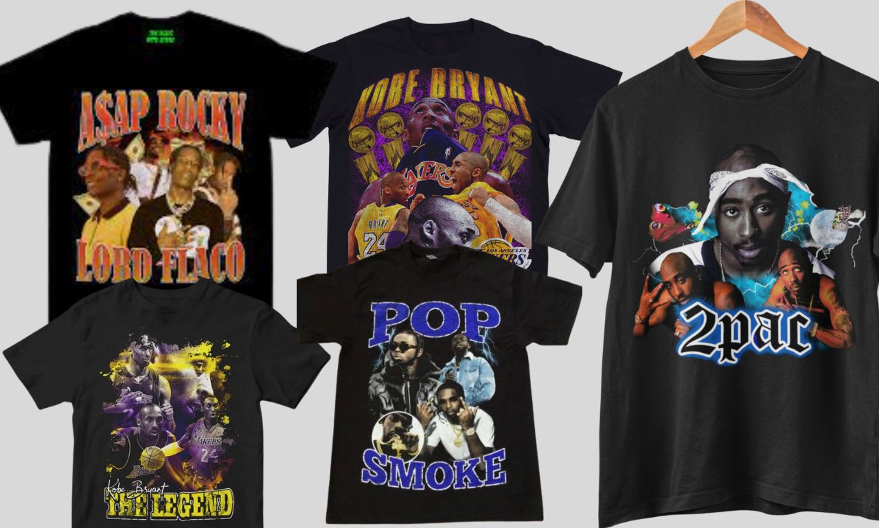 Create a vintage bootleg rap t shirt design or 90s style graphic