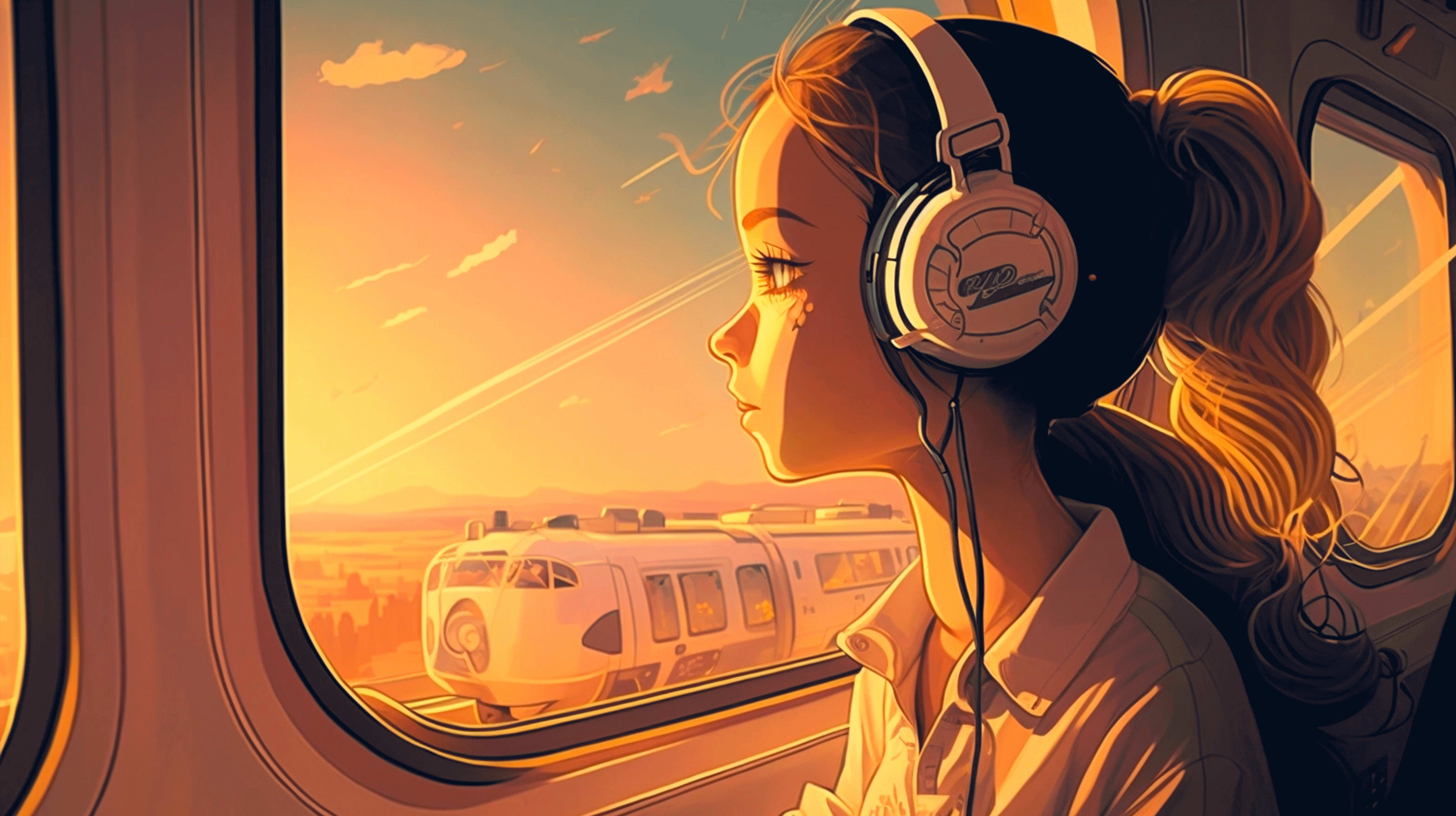 Lofi Girl on Train - Serene HD Anime Wallpaper