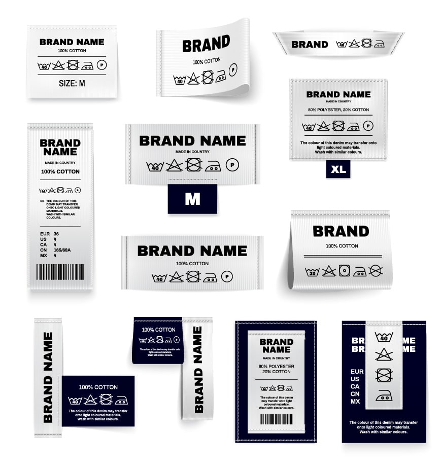 Premium Vector  Realistic textile cloth wash labels tags and badges vector  fabric laundry instructions textile clothes labels for material content  cotton dry washing care clothing brand and size information tags