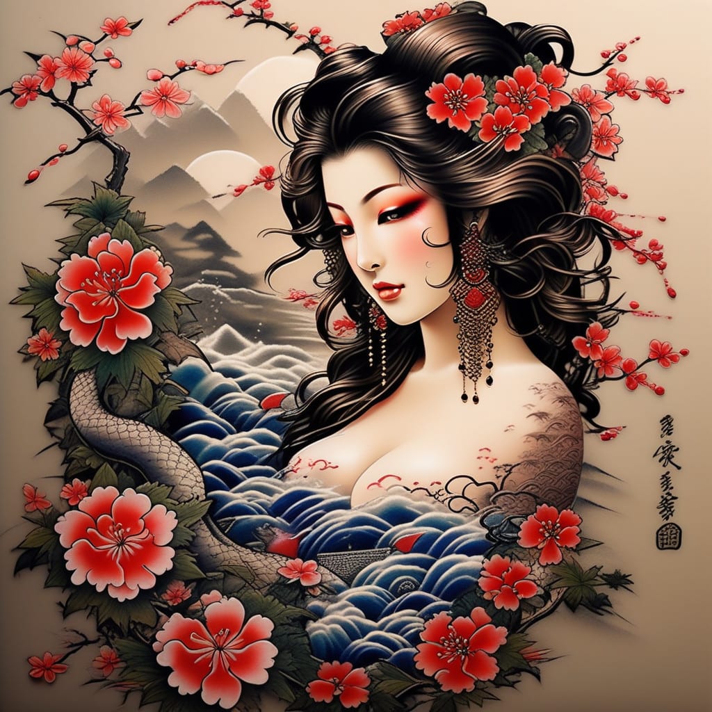 Japanese Tattoo Design Midjourney Prompt: Traditional and Eye-Catching Art