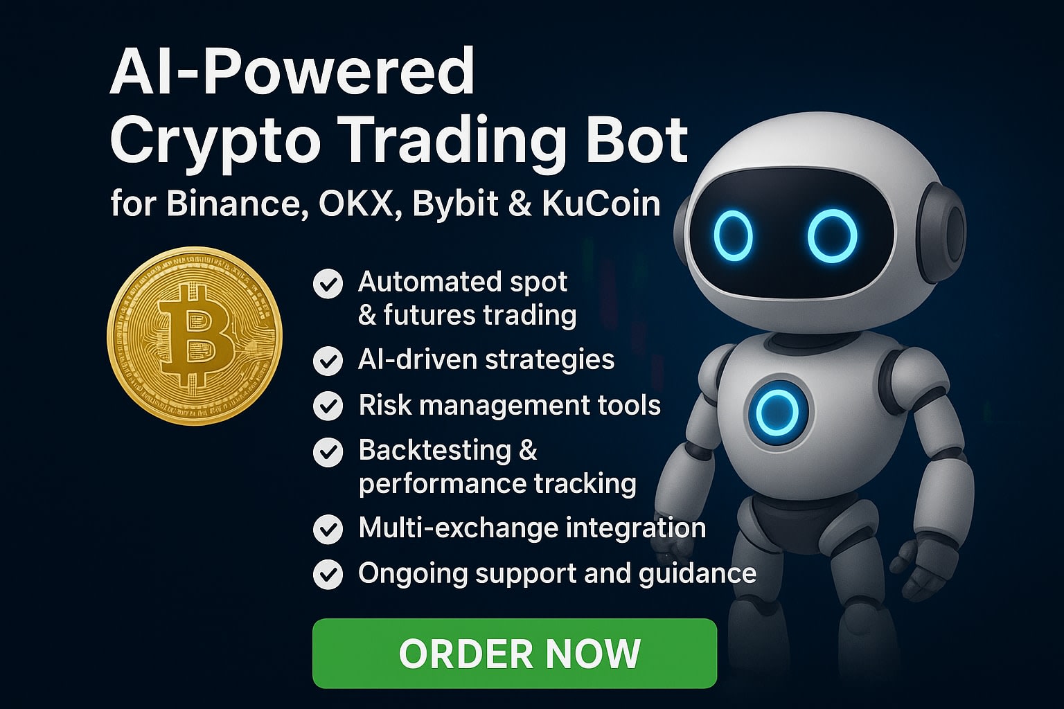 Crie um bot de trading de criptomoedas com ia para binance, okx, bybit,  kucoin