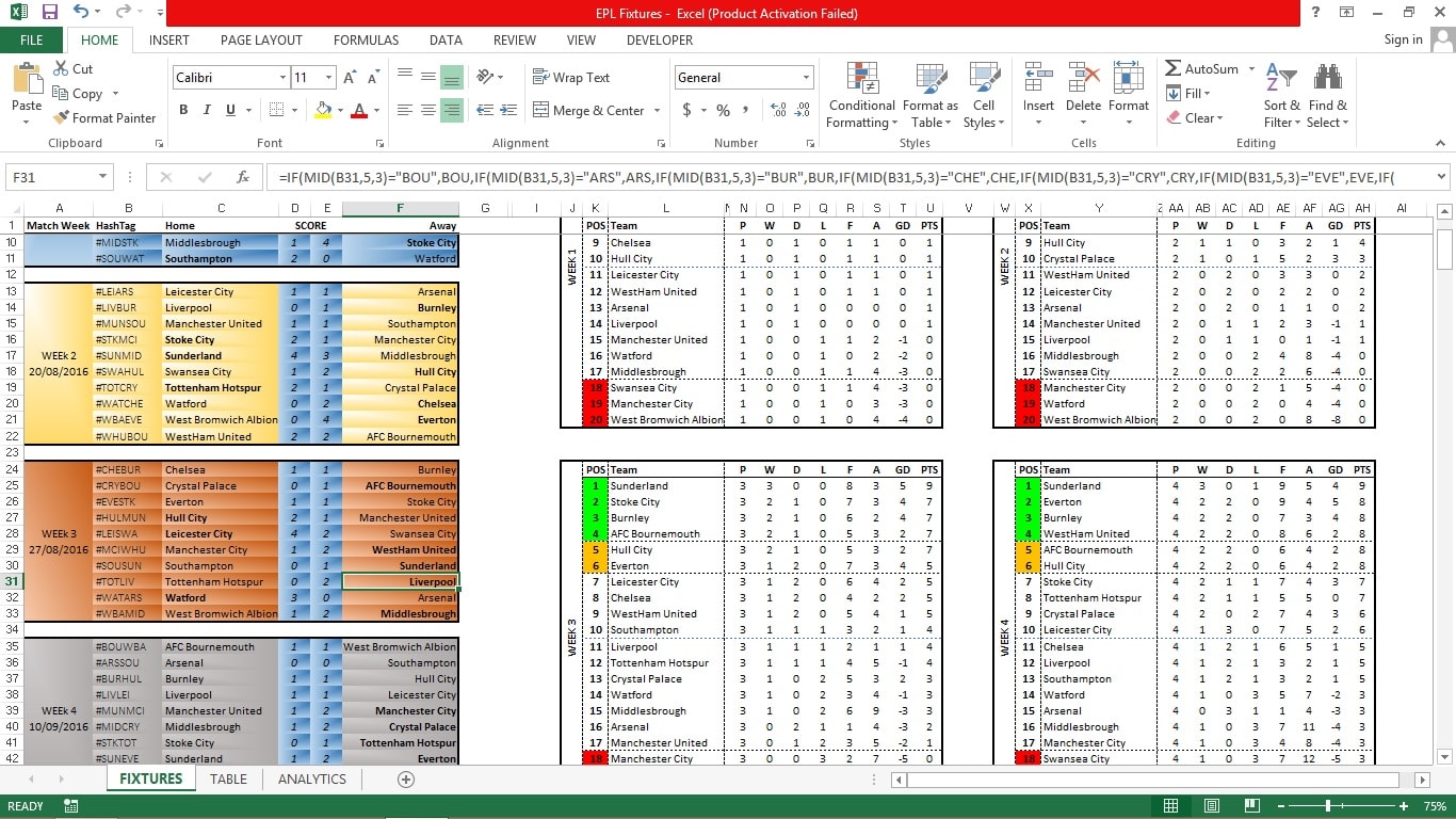 Design Self Updating Excel Workbook For 2017 2018 Epl Season By