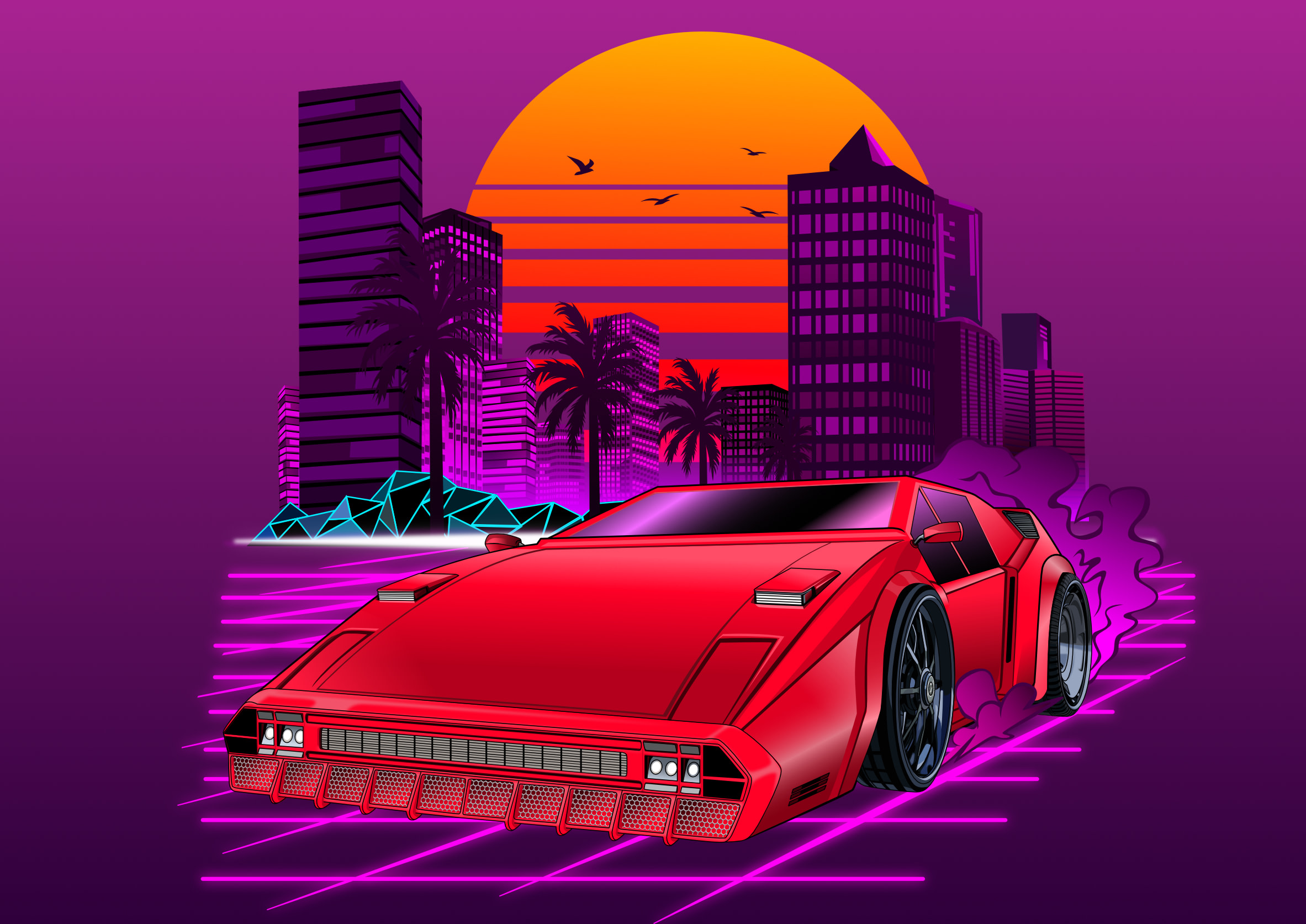 Une Voiture éclairée Au Néon Sur Une Route Futuriste Dans Une Esthétique D' anime Art Déco Avec Un Style Synthwave 4k Et Des Vibrations Rétrofuturistes