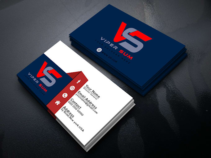 Minimalist navy blue and white business card mockup with red branding accents