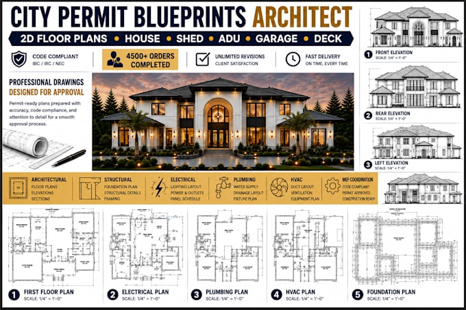 draft architect city permit blueprints, 2d floor plans, house, adu, garage, deck