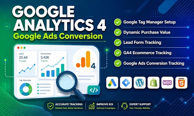 setup google analytics 4, ga4 ecommerce tracking, ads conversion tracking by GTM