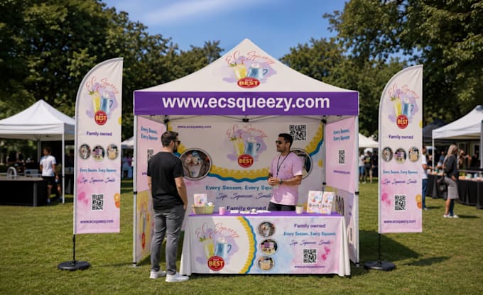 design premium canopy tents, roll up banner, tablecloth and event branding