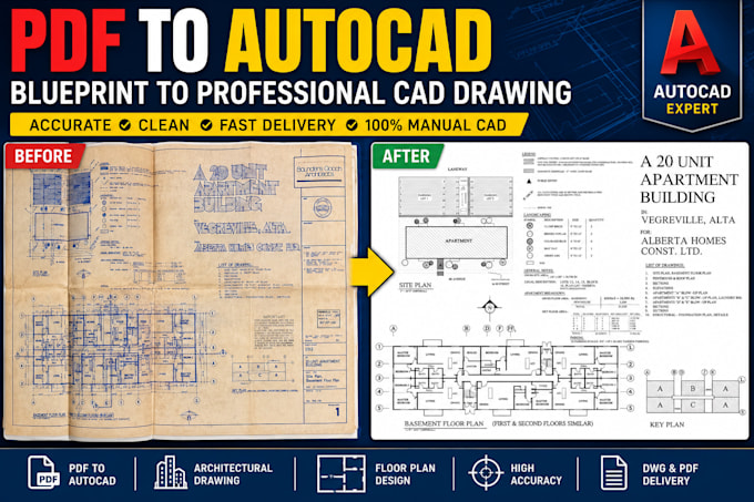 convert your pdf, image or sketch drawing to autocad