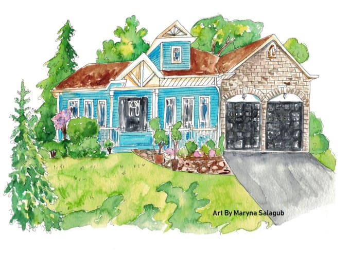 Draw Watercolor House Portrait Painting By Marynasalagub