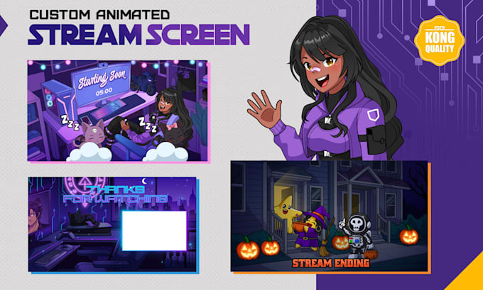 create animated brb, starting soon, offline screen for kick, twitch, youtube