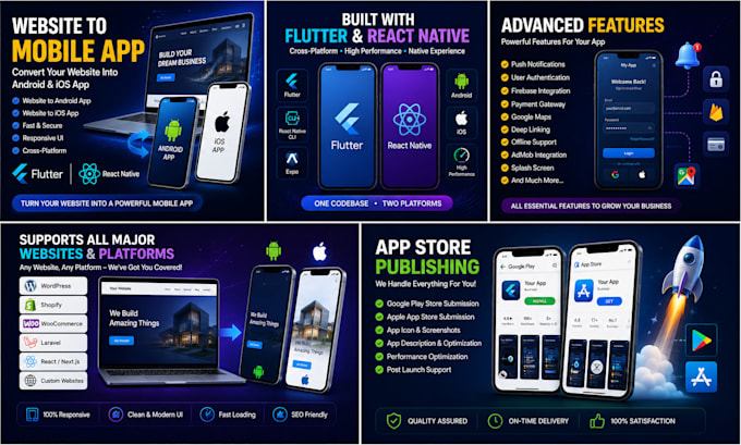 convert your website into android and ios app using flutter or react native