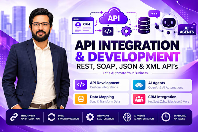 integrate rest API, payment API, CRM API, ai agents and webhooks