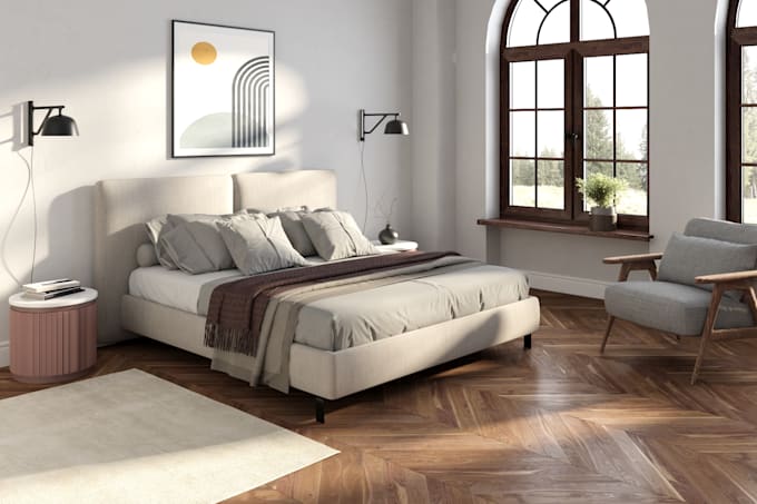 create photorealistic renderings and 3d concept of bed mattress furniture store