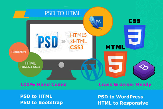 convert PSD to HTML, bootstrap, or wordpress website