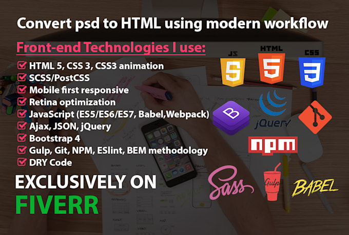 convert PSD, xd, and figma to reactjs using git, npm, gulp, sass, tailwind