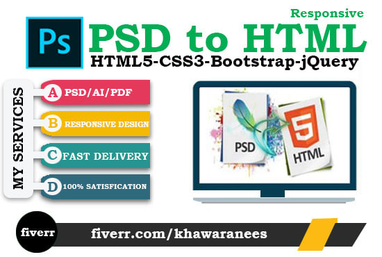 convert PSD, xd, ai, and figma to HTML bootstrap responsive website
