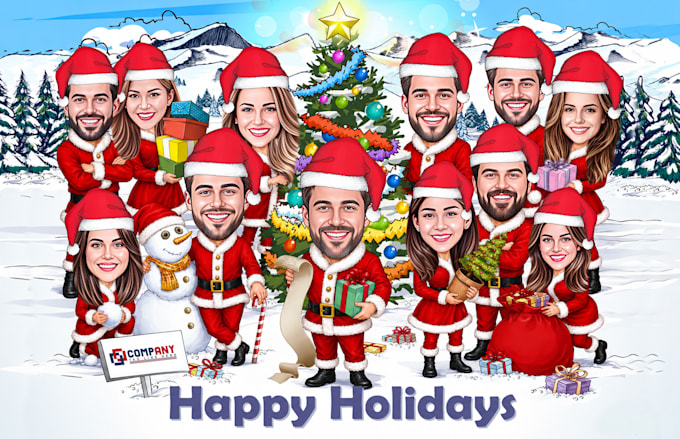create a christmas caricature, holiday card, winter cartoon
