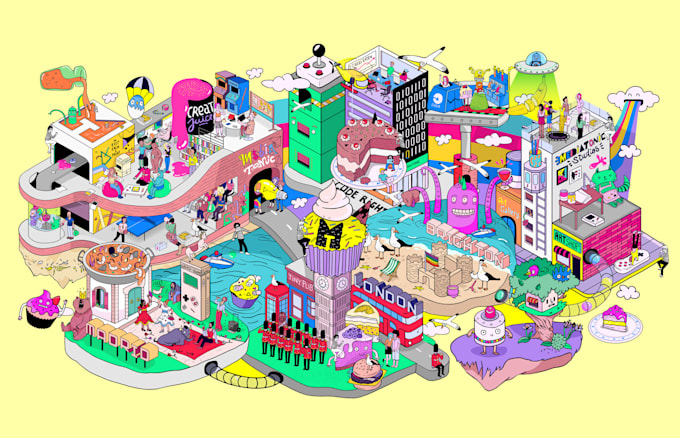draw a funny isometric where is waldo style illustration