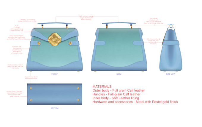 design trendy handbag, purse, tote bag with full tech pack
