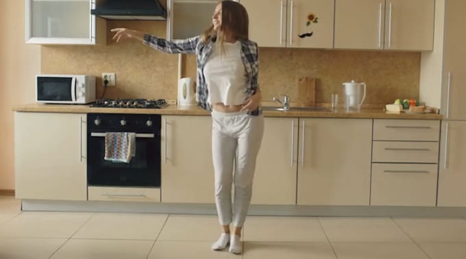 create funny female happy dance celebrating video ad