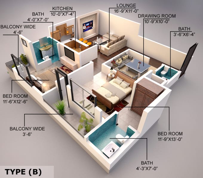 Create 3d floor plan, exterior and interior, model sketchup by