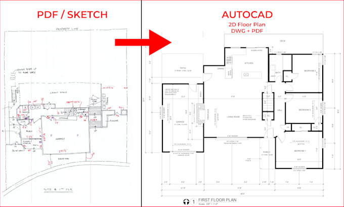 convert pdf sketch architectural drawing in autocad one day