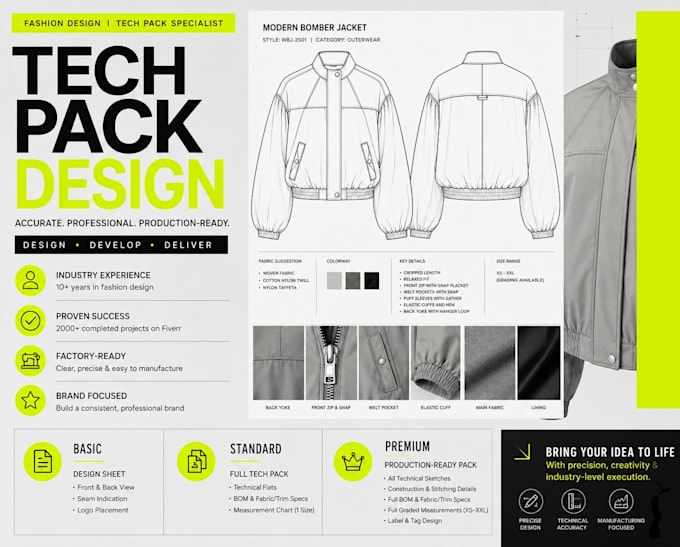 create tech pack and flat sketches for fashion design