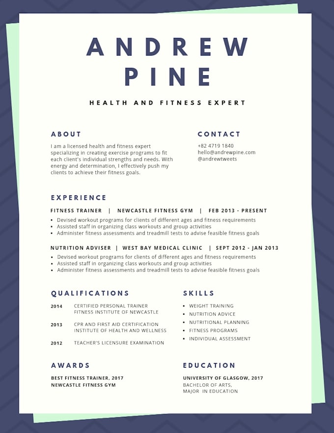 Resume Personal Trainer Information 2-in-1 CV For Fitness