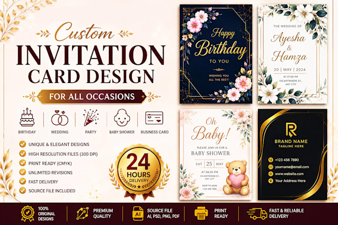 design a custom invitation card for birthday wedding and any event
