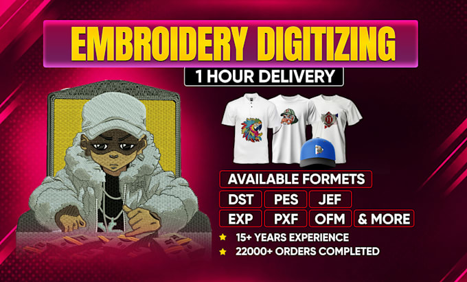 do embroidery digitizing into dst pes pxf file in 1 hour