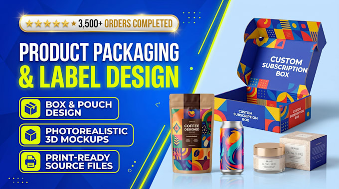 custom product packaging, box design, and pouch label with 3d mockup