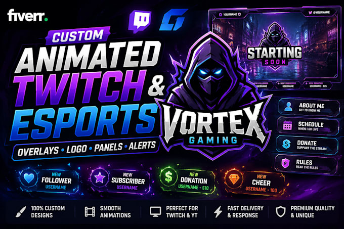 do custom animated twitch and esports overlays, logo, panels, alerts