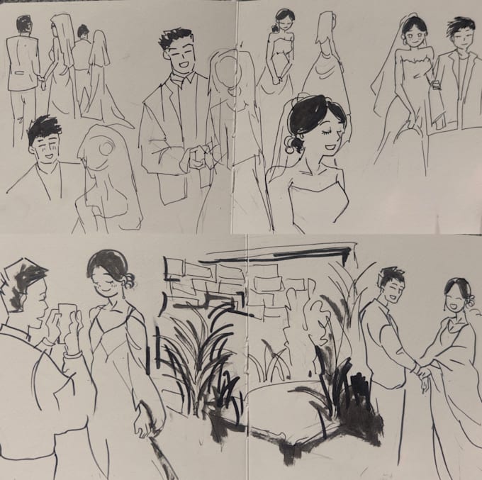 draw cute couple, wedding line art portrait , all hand drawn