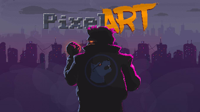 create a retro pixel art cover, title screen, background, and more