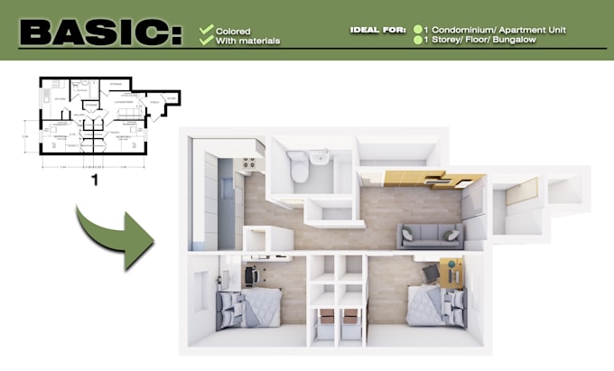 create a 3d floor plan render for real estate marketing