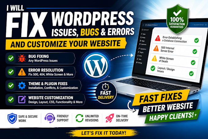 fix wordpress issues bugs errors and customize your website